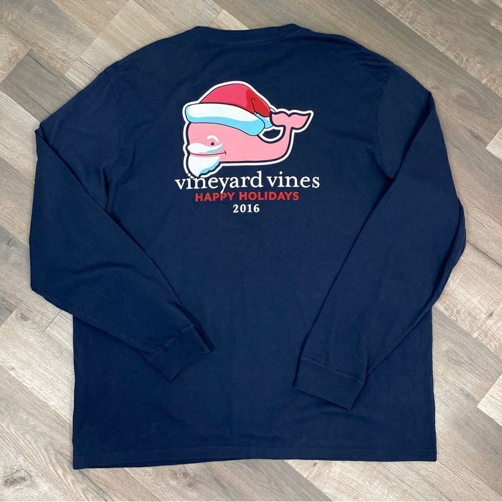 Vineyard Vines Happy Holidays 2016 Santa Whale‎ Long Sleeve Tee Shirt Blue XL